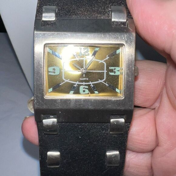 Vintage Mod Biker Leather Studded Rectangular Watch (needs battery) - Picture 6 of 8